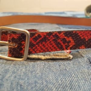 Red snake print leather belt
